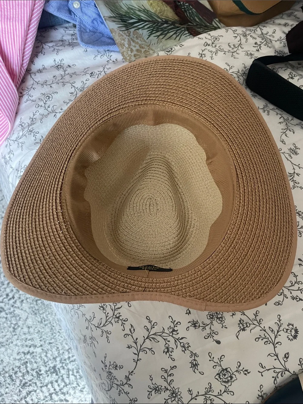 Wide Brim Straw Sun Hat with Black Ribbon - Beige/Tan never worn